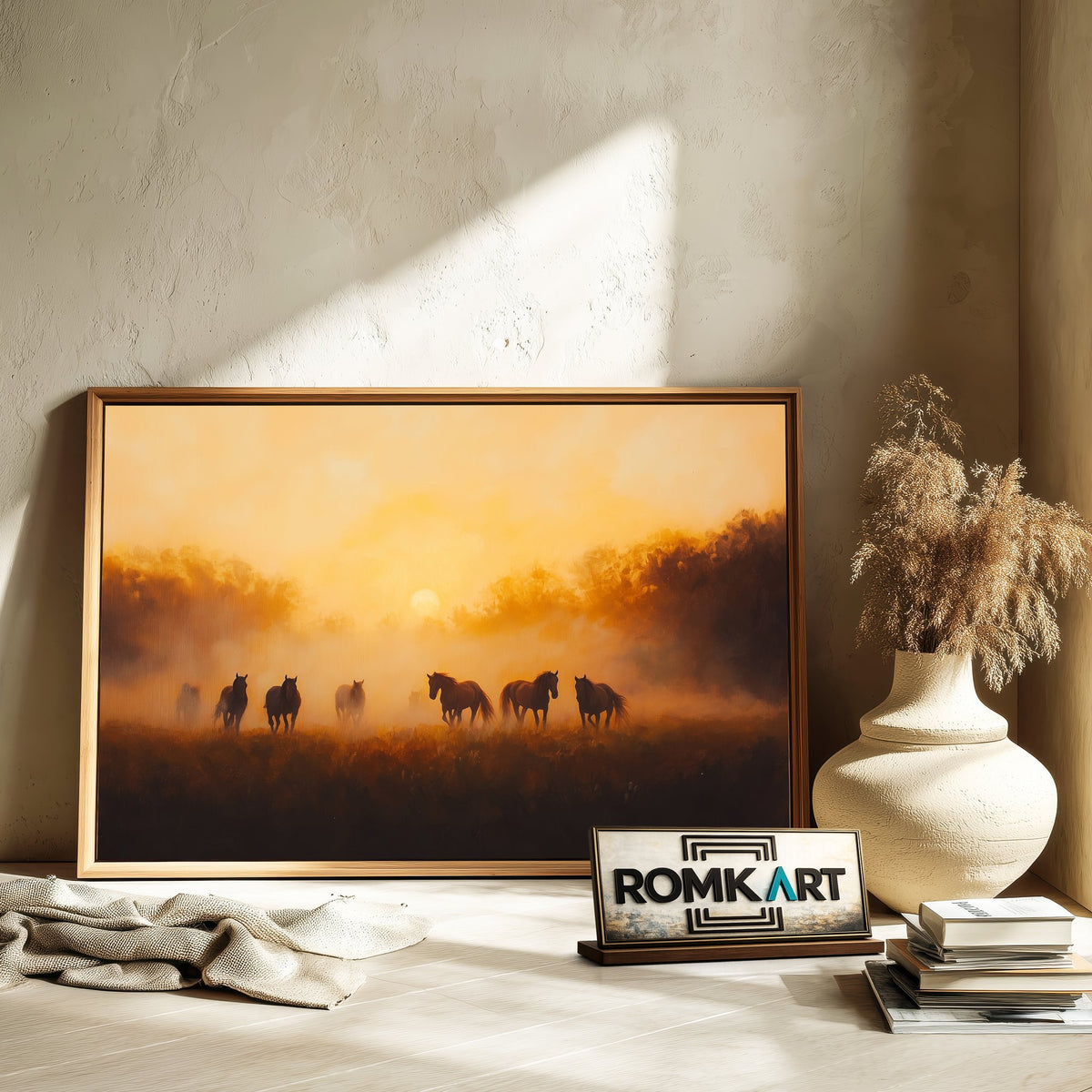 Horses at sunrise Equestrian Oil Painting - image 6
