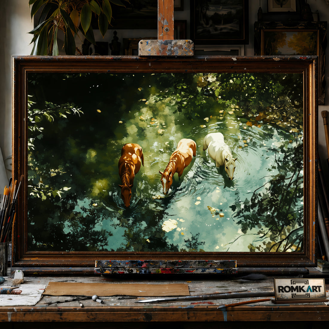 Horses in Tranquil Waters hand-painted oil painting on canvas