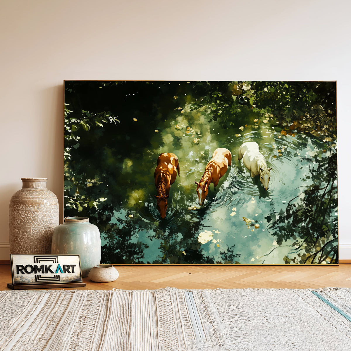 Horses in Tranquil Waters Equestrian Oil Painting - image 3