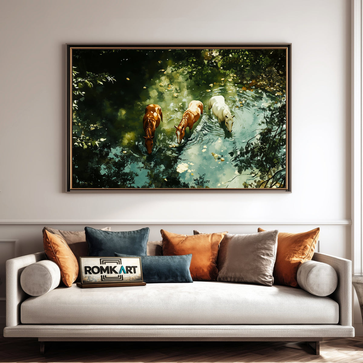 Horses in Tranquil Waters Equestrian Oil Painting - image 4