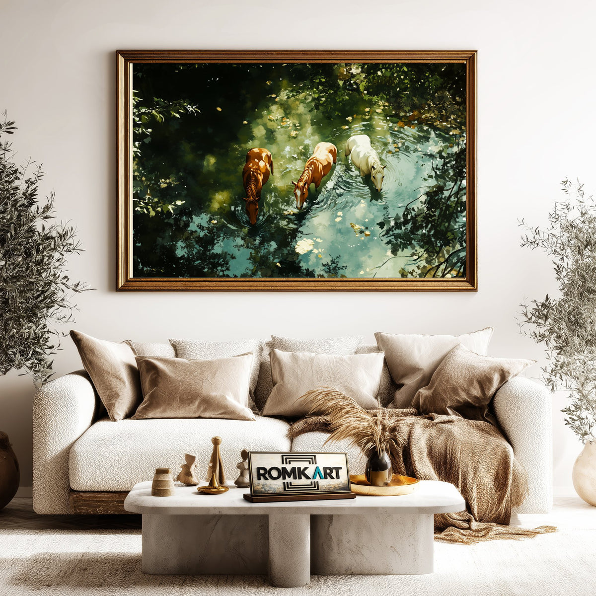 Horses in Tranquil Waters Equestrian Oil Painting - image 5