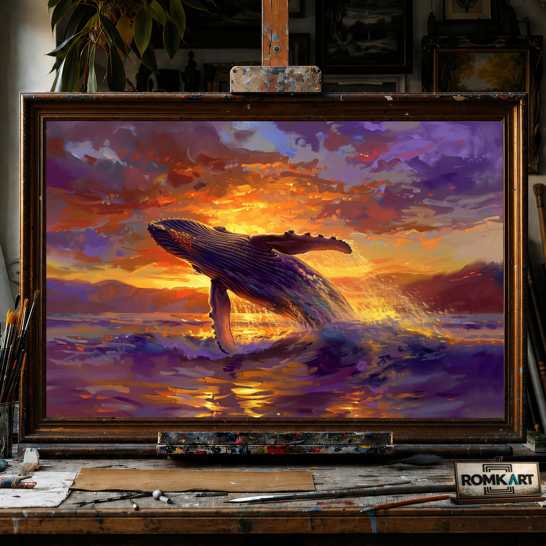 Humpback Whale Sunset hand-painted oil painting on canvas