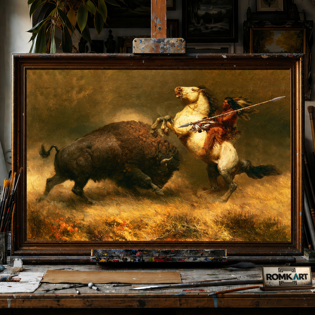 Hunting Powerful Bison hand-painted oil painting on canvas