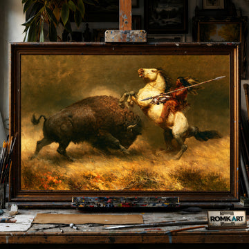 Hunting Powerful Bison hand-painted oil painting on canvas