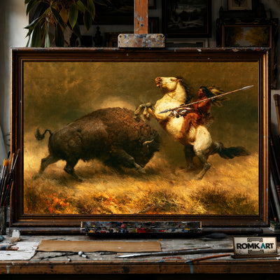 Hunting Powerful Bison hand-painted oil painting on canvas