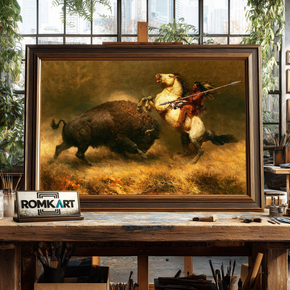 Hunting Powerful Bison Native American Oil Painting - image 2
