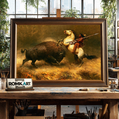 Hunting Powerful Bison Native American Oil Painting - image 2