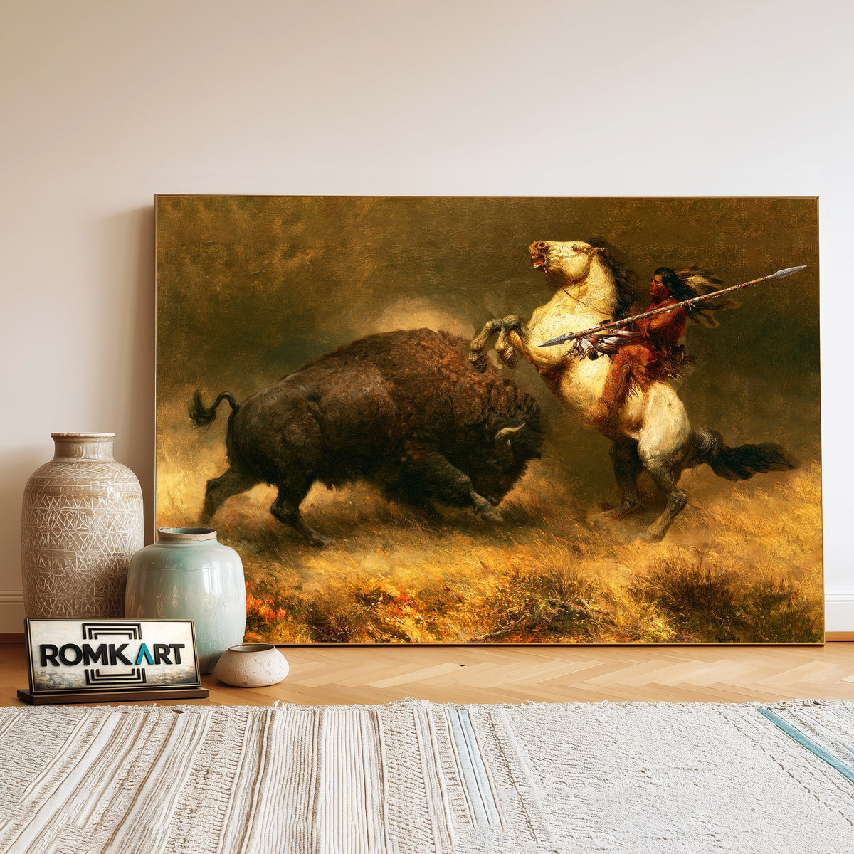 Hunting Powerful Bison Native American Oil Painting - image 3