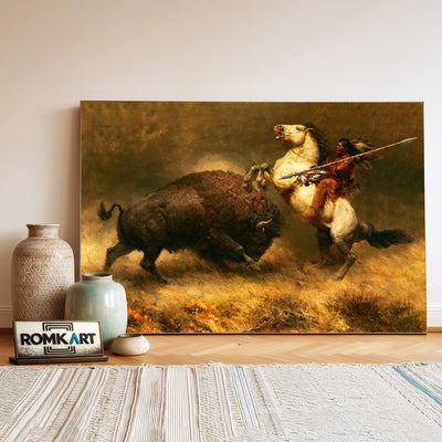 Hunting Powerful Bison Native American Oil Painting - image 3