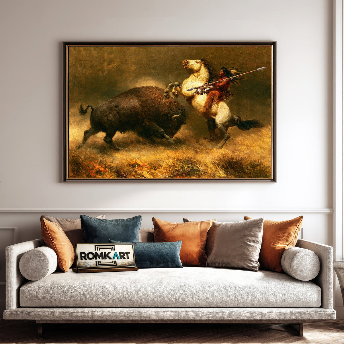 Hunting Powerful Bison Native American Oil Painting - image 4