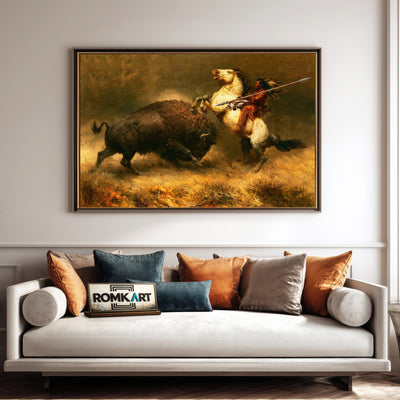 Hunting Powerful Bison Native American Oil Painting - image 4