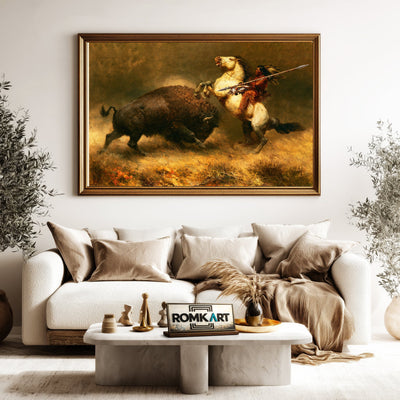 Hunting Powerful Bison Native American Oil Painting - image 5