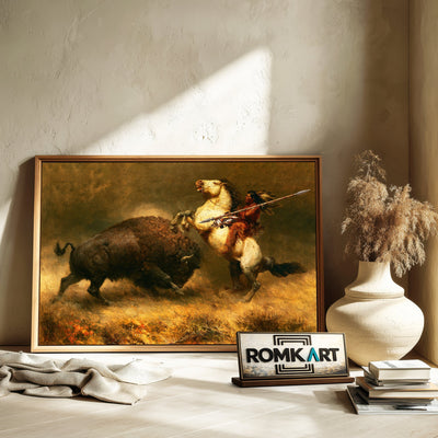 Hunting Powerful Bison Native American Oil Painting - image 6