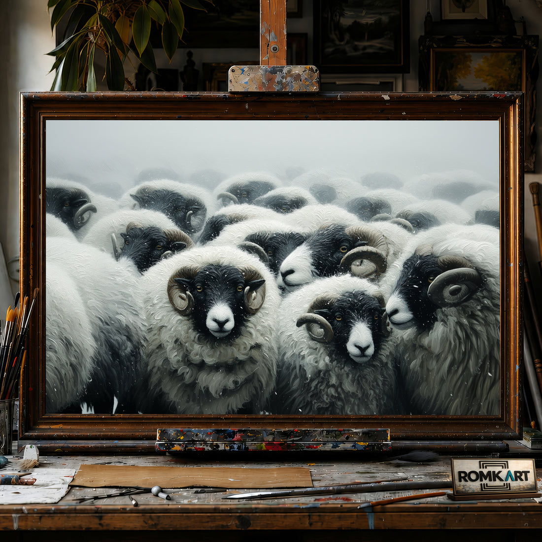 Iceland Sheep in Snowstorm hand-painted oil painting on canvas