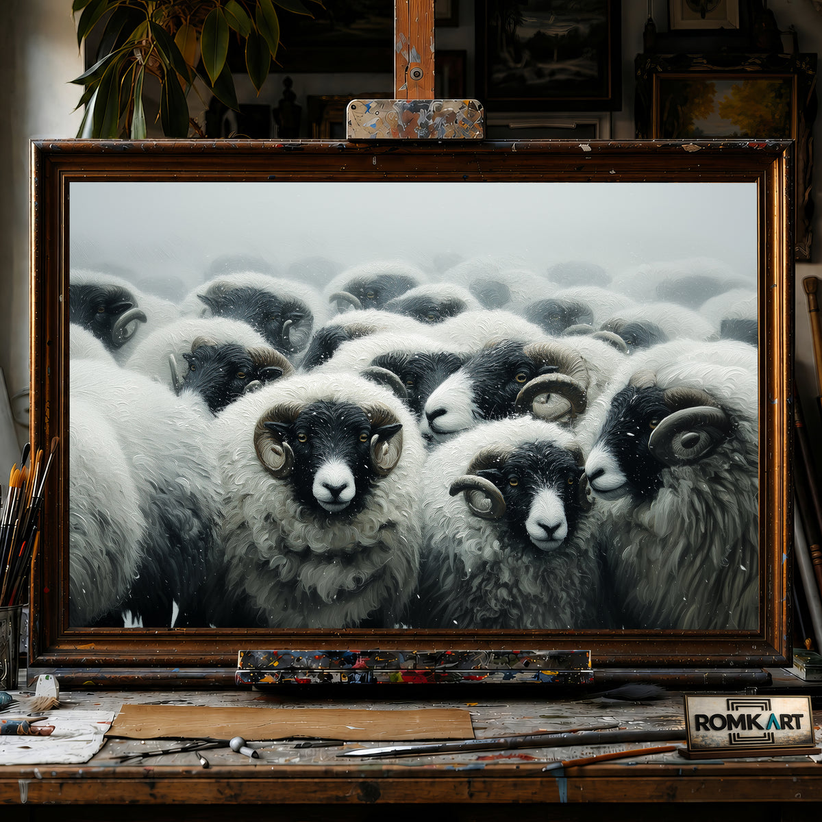 Iceland Sheep in Snowstorm hand-painted oil painting on canvas