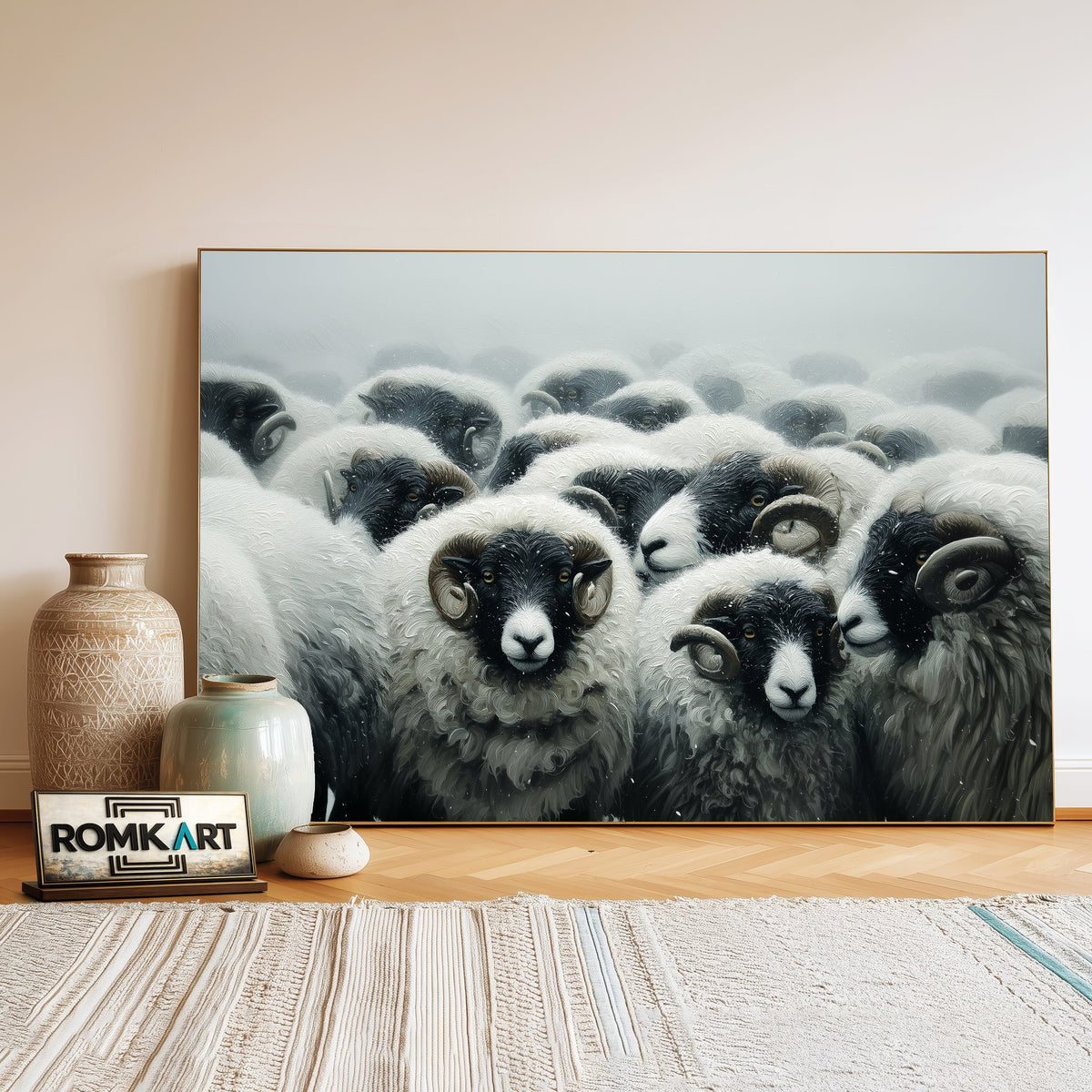 Iceland Sheep in Snowstorm Farm Animal Oil Painting - image 3