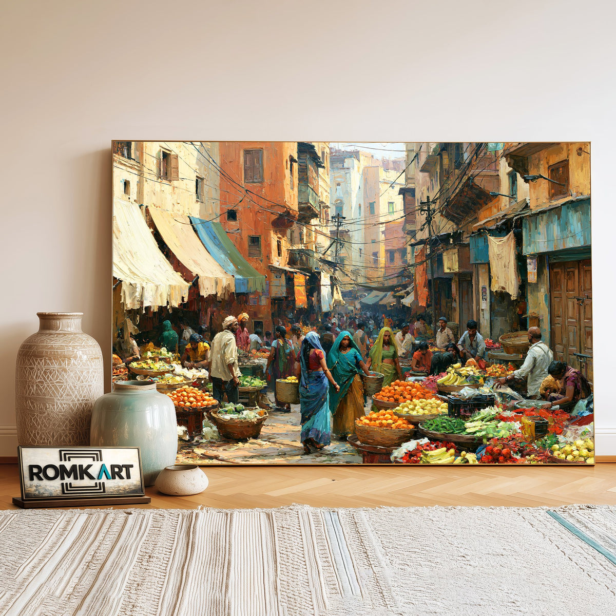 Indian Bazaar Street Oil Painting - image 3