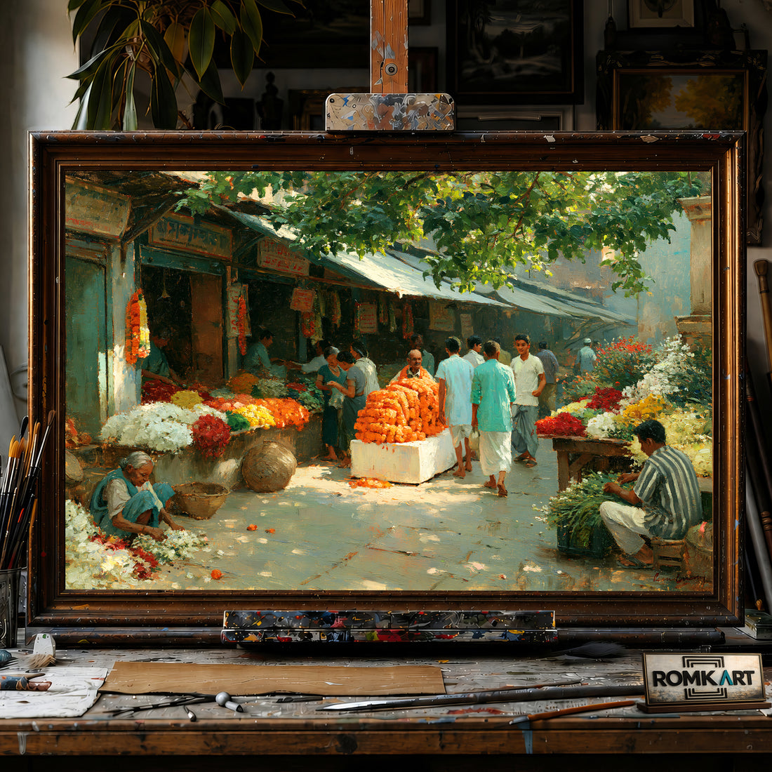Indian flower market hand-painted oil painting on canvas