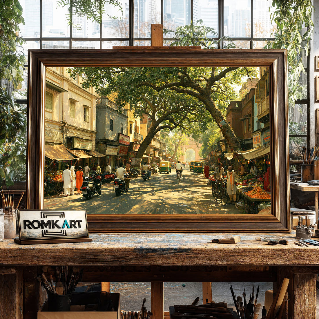 Indian neighborhood street hand-painted oil painting on canvas