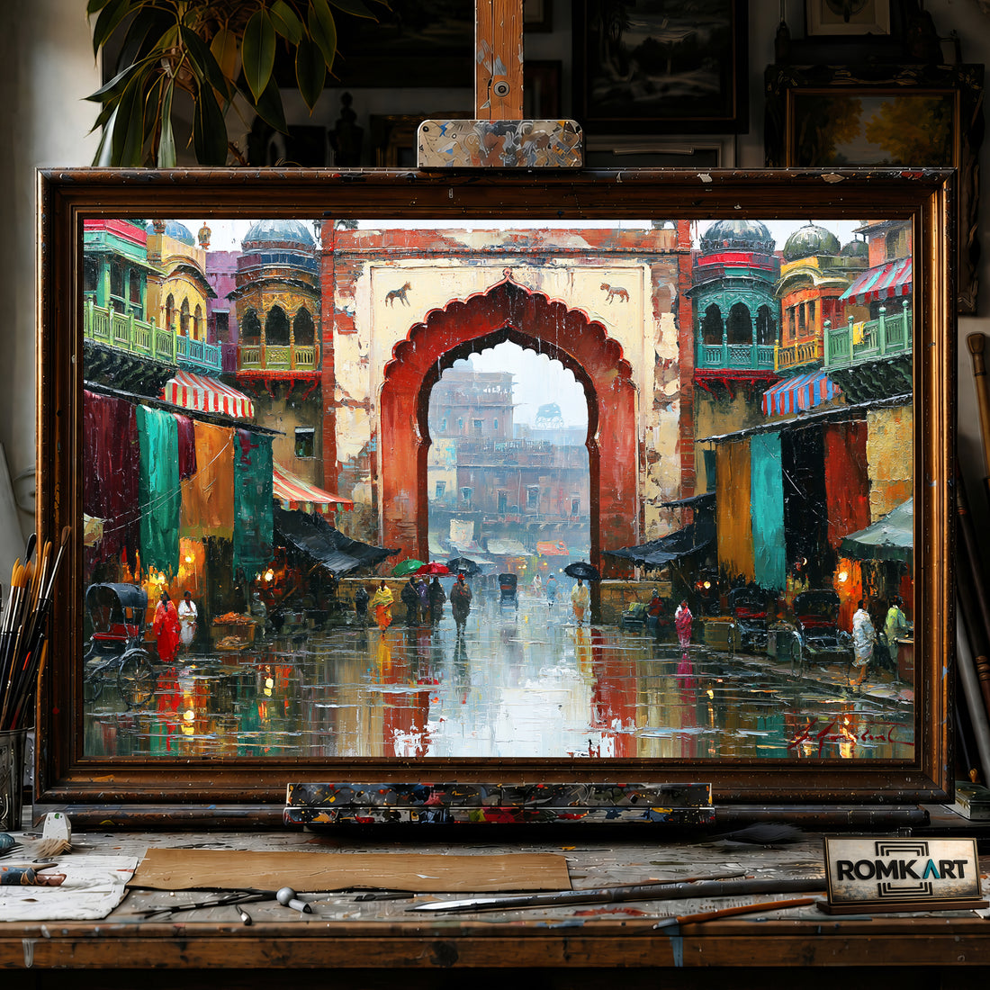 Indian Old City Rainy Bazaar Street hand-painted oil painting on canvas