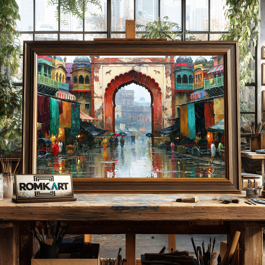 Indian Old City Rainy Bazaar Street hand-painted oil painting on canvas