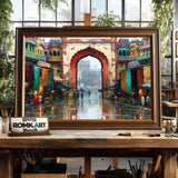 Indian Old City Rainy Bazaar Street Oil Painting - image 2