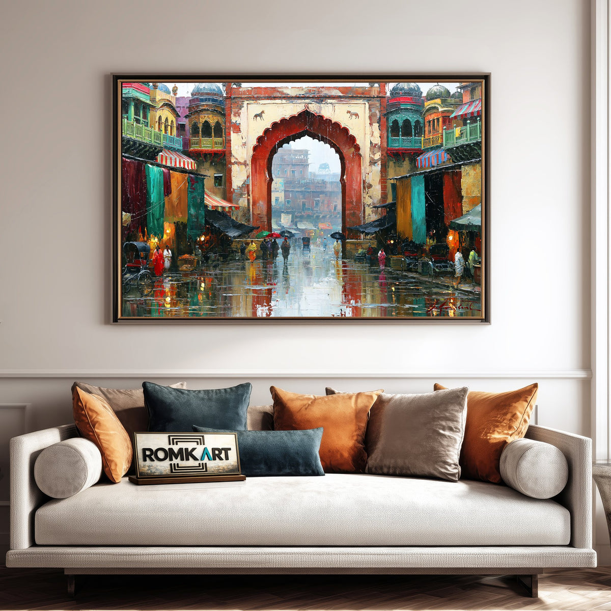 Indian Old City Rainy Bazaar Street Oil Painting - image 4
