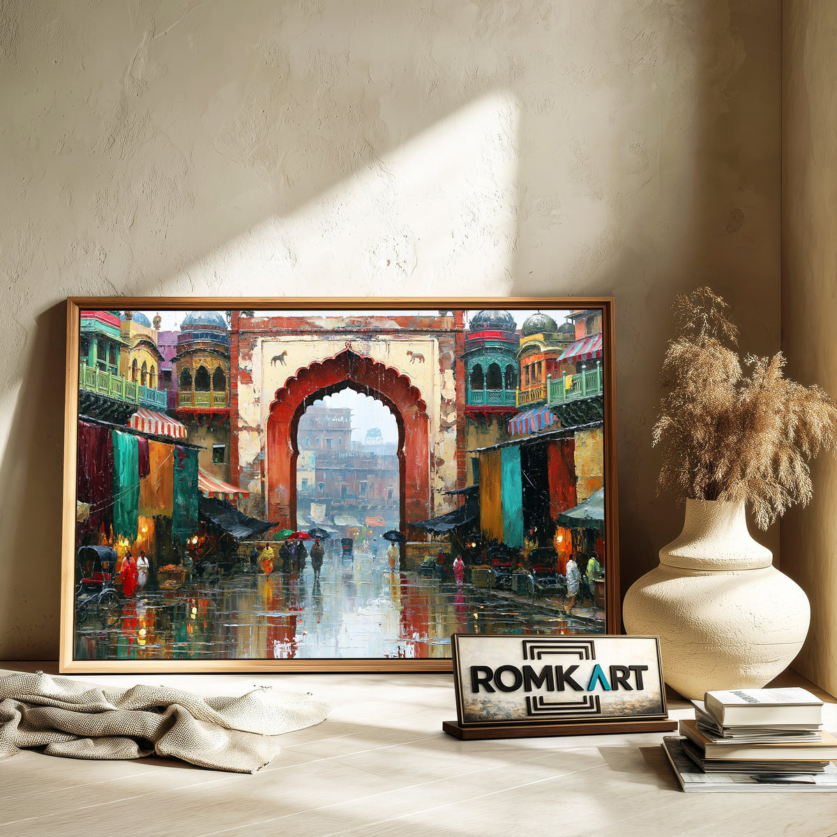 Indian Old City Rainy Bazaar Street Oil Painting - image 6