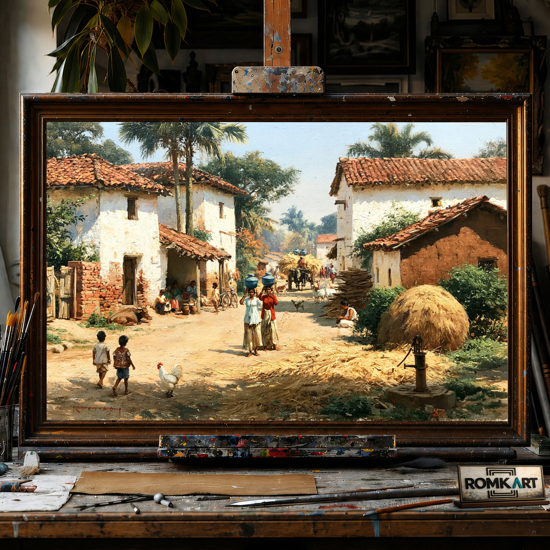 Indian village hand-painted oil painting on canvas