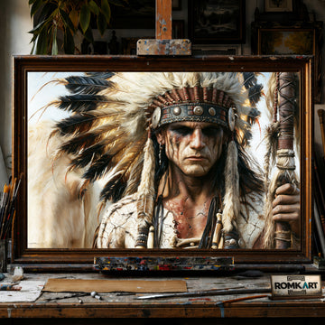 Indigenous Warrior hand-painted oil painting on canvas