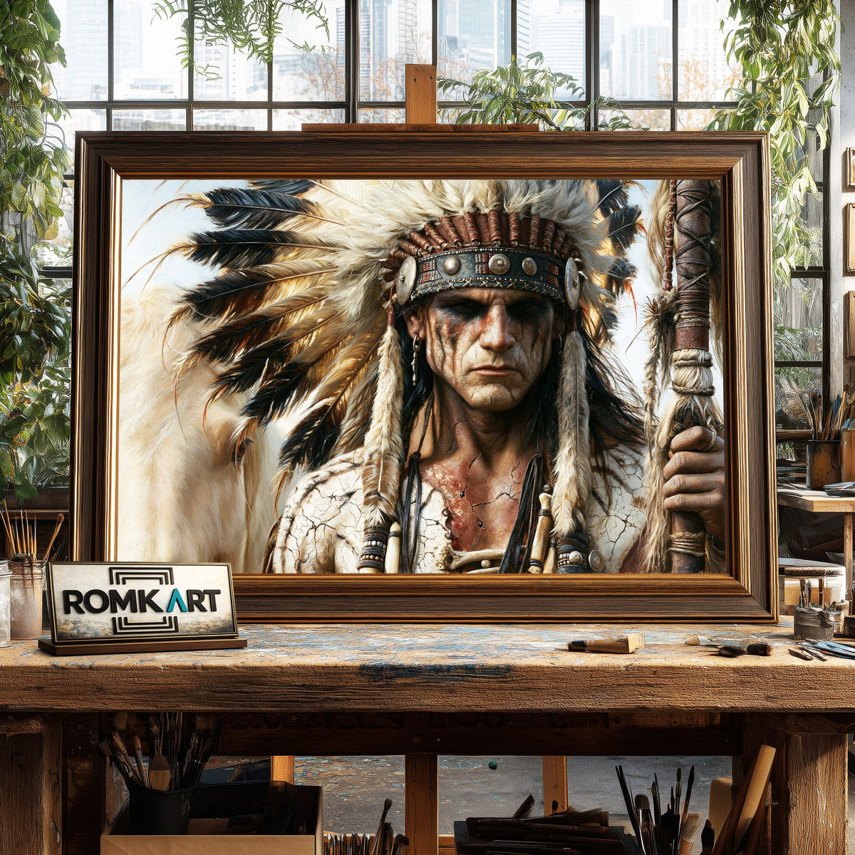 Indigenous Warrior Historical Oil Painting - image 2