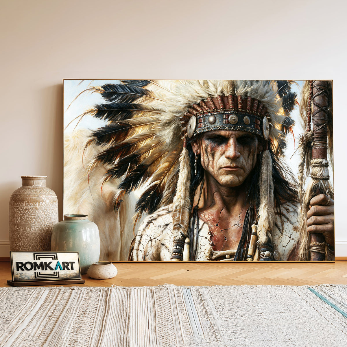 Indigenous Warrior Historical Oil Painting - image 3
