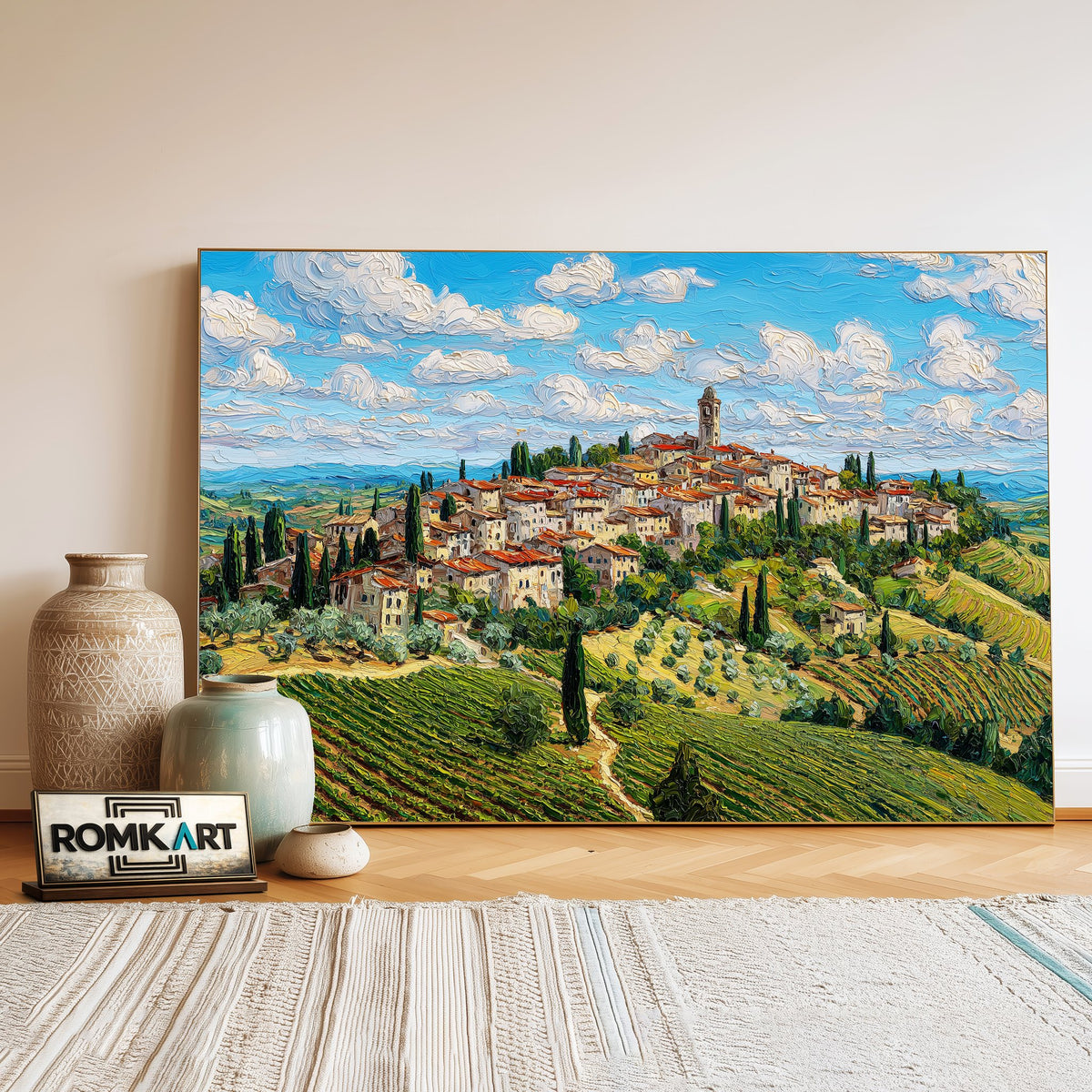 Italian Hilltop Village Countryside Oil Painting - image 3