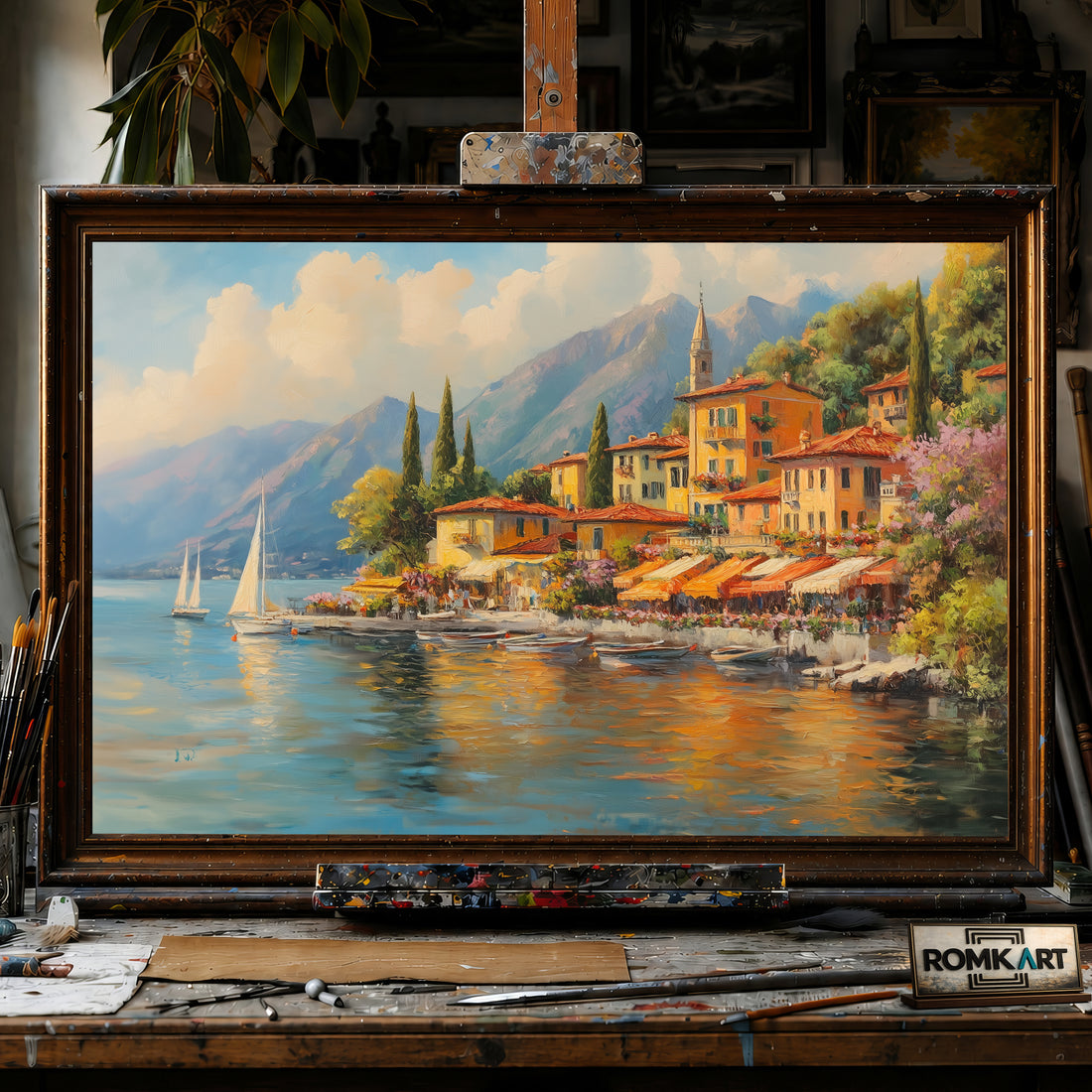 Italian Lakeside Village hand-painted oil painting on canvas