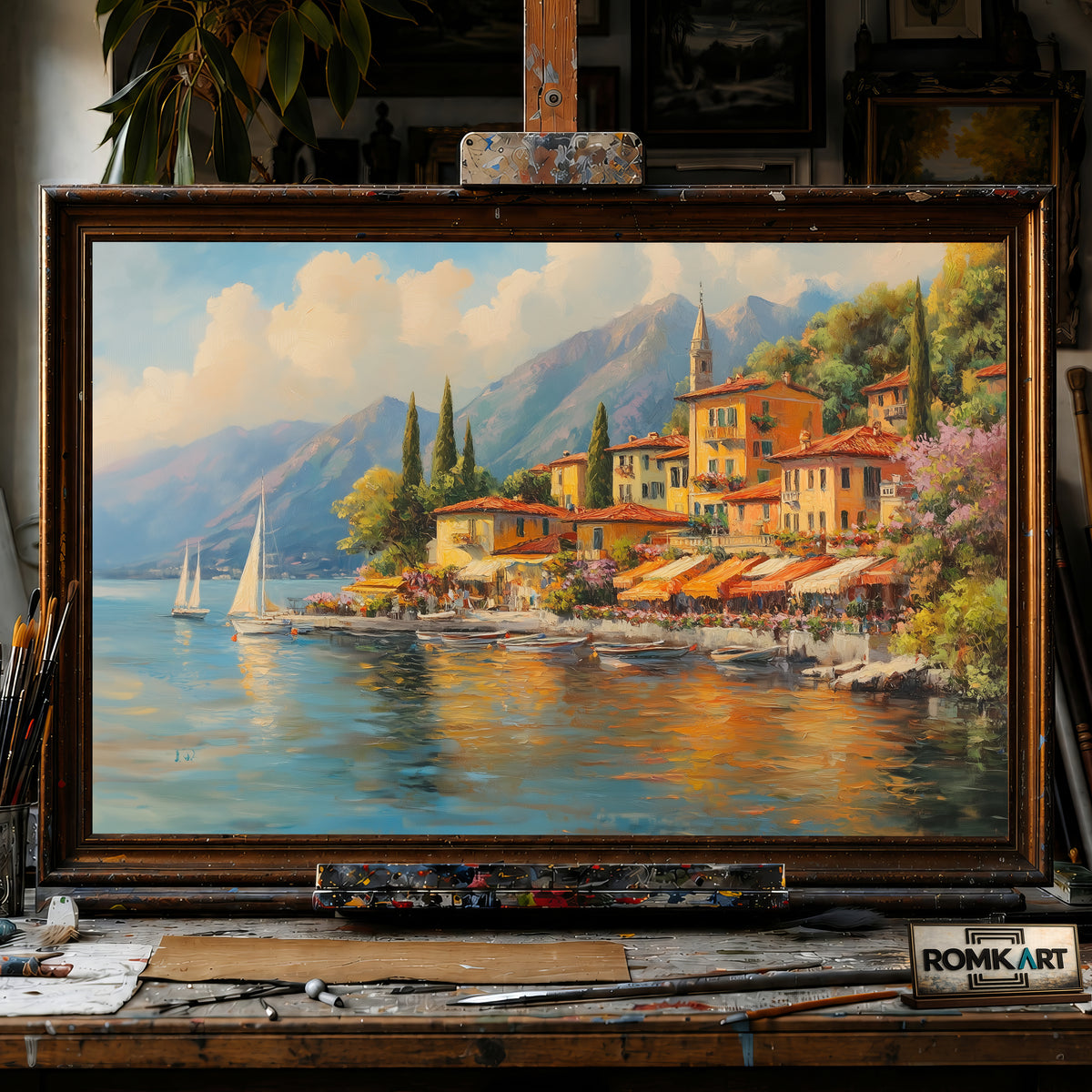 Italian Lakeside Village hand-painted oil painting on canvas