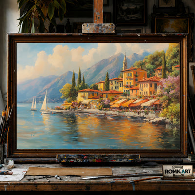 Italian Lakeside Village hand-painted oil painting on canvas