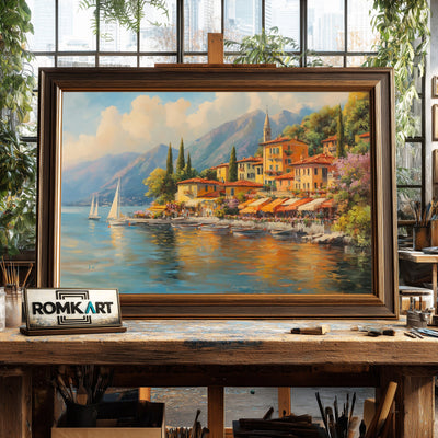 Italian Lakeside Village Waterscape Oil Painting - image 2