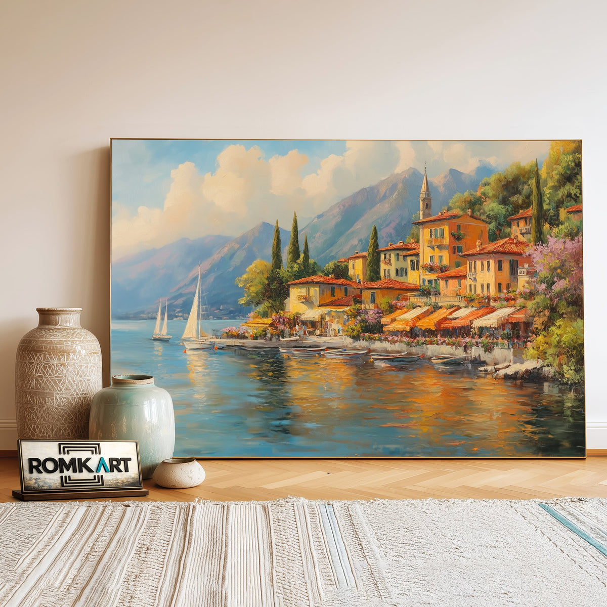 Italian Lakeside Village Waterscape Oil Painting - image 3