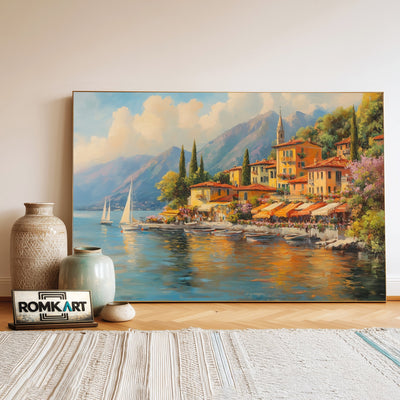 Italian Lakeside Village Waterscape Oil Painting - image 3