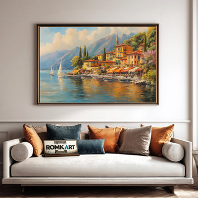 Italian Lakeside Village Waterscape Oil Painting - image 4