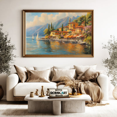Italian Lakeside Village Waterscape Oil Painting - image 5