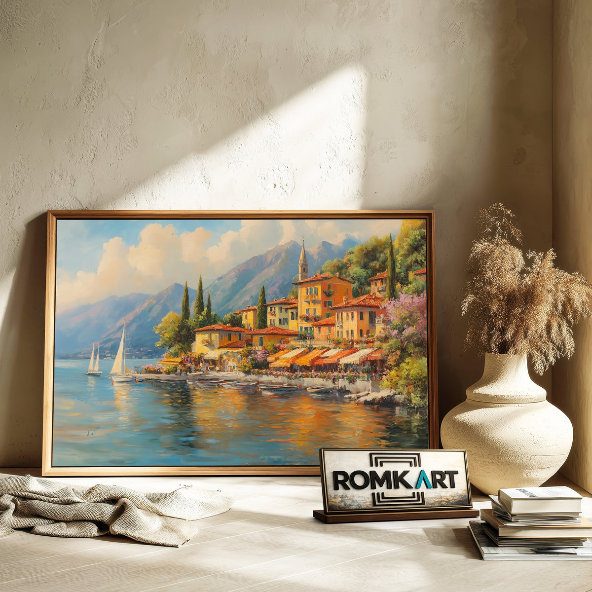 Italian Lakeside Village Waterscape Oil Painting - image 6