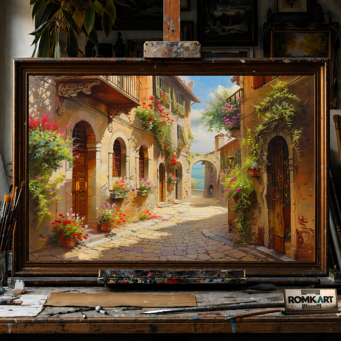 Italian village street hand-painted oil painting on canvas