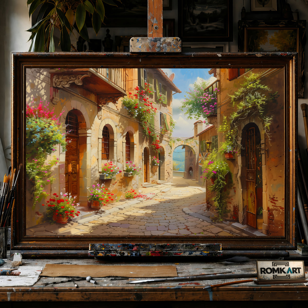 Italian village street hand-painted oil painting on canvas