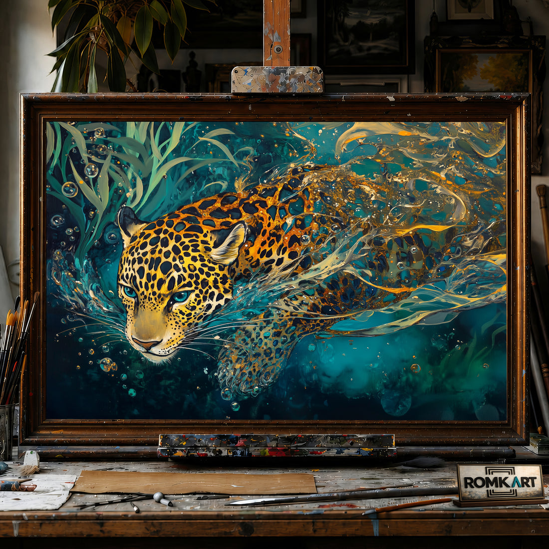 Jaguar Under Water hand-painted oil painting on canvas