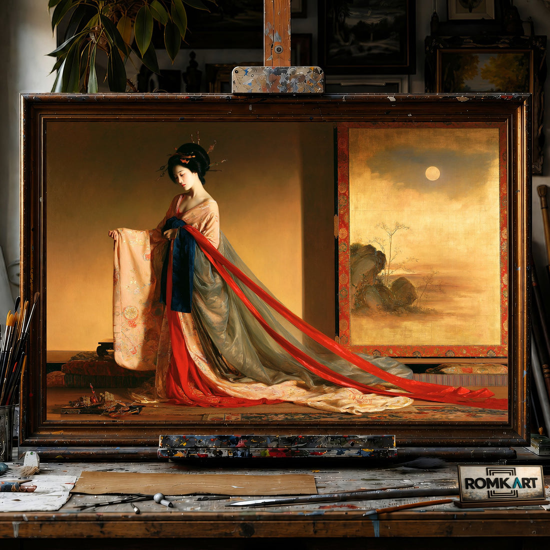 Japanese Bijin-ga Beauty in a Bedchamber - Hand-Painted Oil Painting - View 1