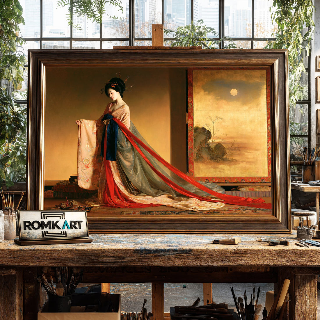 Japanese Bijin-ga Beauty in a Bedchamber - Hand-Painted Oil Painting - View 1