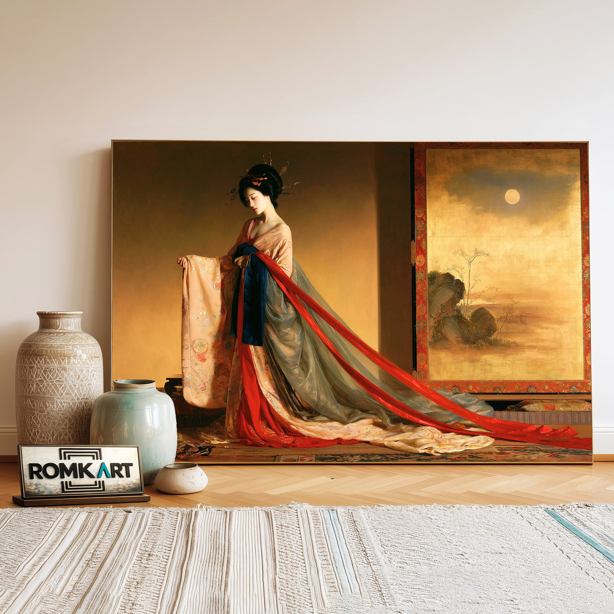Japanese Bijin-Ga Beauty In A Bedchamber Oil Painting - image 3