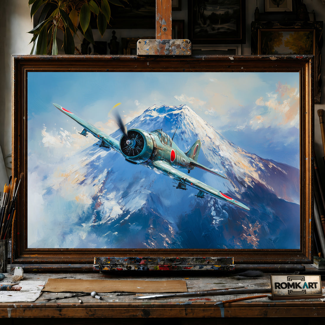 Japanese Fighter Plane on Mount Fuji hand-painted oil painting on canvas