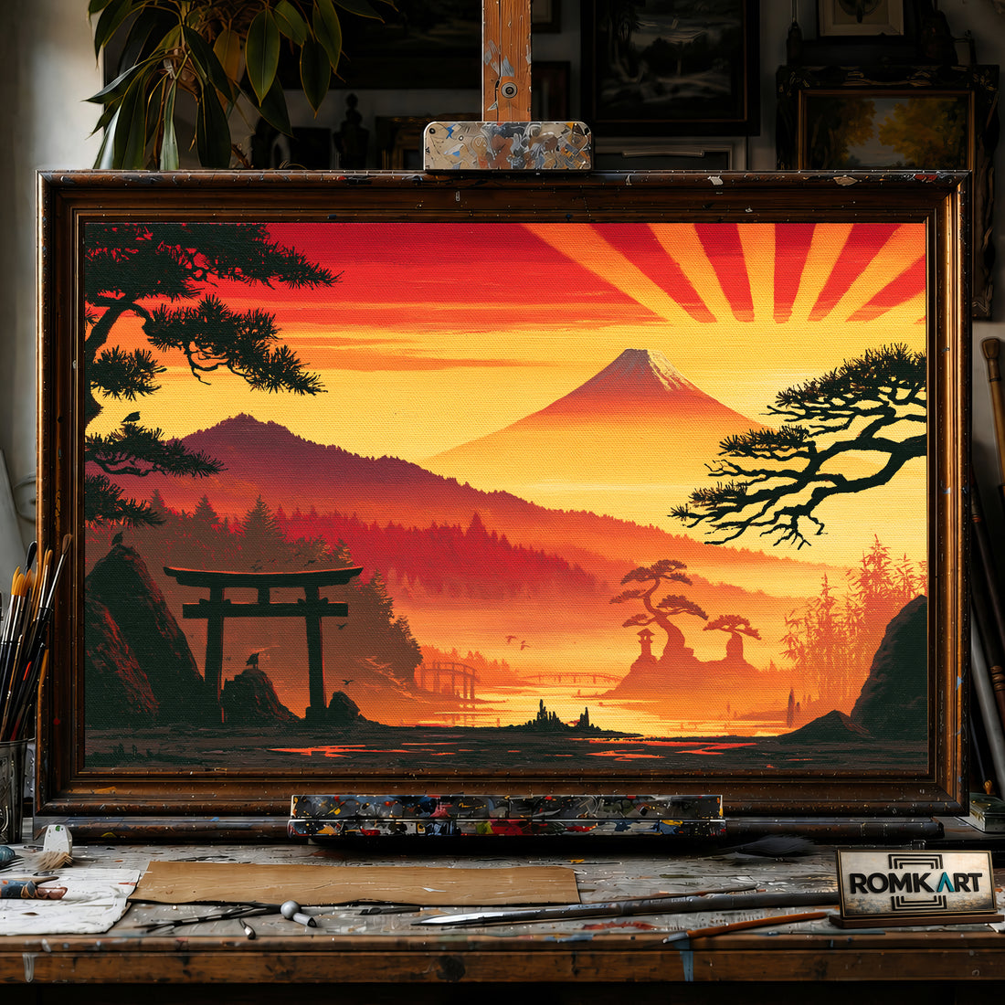 Japanese Minimalist Sunset hand-painted oil painting on canvas
